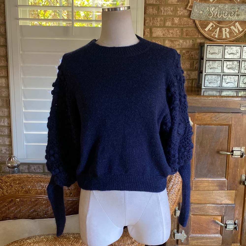 STELLA PARDO SWEATER FIORELLA HAND KNIT CROCHET SLEEVES NAVY MEDIUM EXCELLENT